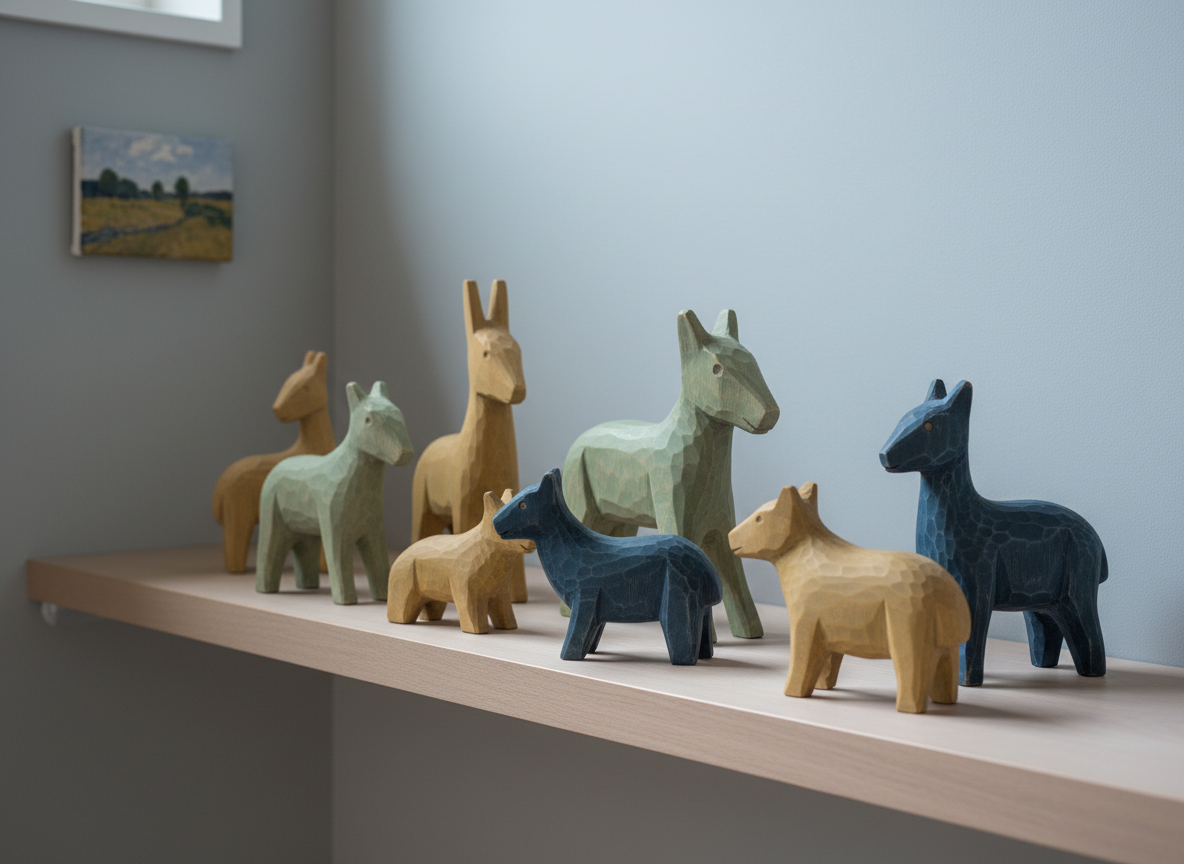 A collection of hand-carved wooden figurines, each uniquely finished in muted washes of sage, ochre, and slate, carefully arranged on a smooth, ash wood shelf. The backdrop is a minimalist, soft-gray wall, with only a single, small vintage canvas artwork subtly visible in the corner, maintaining visual simplicity. Indirect, cool daylight from a clerestory window creates understated highlights on the figurine contours and gentle shadow gradations along the shelf. The composition is asymmetrically balanced, shot at an eye-level perspective with a shallow depth of field to soften the background. This image captures refined craftsmanship and understated elegance in an authentic, photographic, and minimalist style.