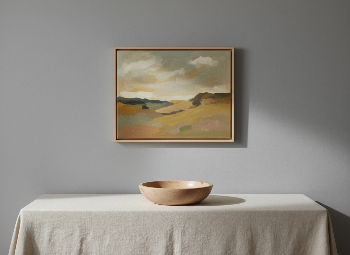 A serene vignette of an artisanally crafted wooden bowl with a smooth, hand-finished surface in pale matte walnut, placed on an uncluttered linen-draped console. Behind the bowl, a subdued landscape painting in soft earth tones hangs on a dove gray wall, adding visual depth without clutter. Soft, ambient gallery lighting gently illuminates the scene, enhancing the natural wood grain and fabric textures with subtle highlights and seamless shadows. The mood is calm and elegantly understated, reflecting refined taste. Photographed at eye level using a centered composition and ample negative space, with an overall minimalist and sophisticated photographic style suited for a high-end home decor gallery.