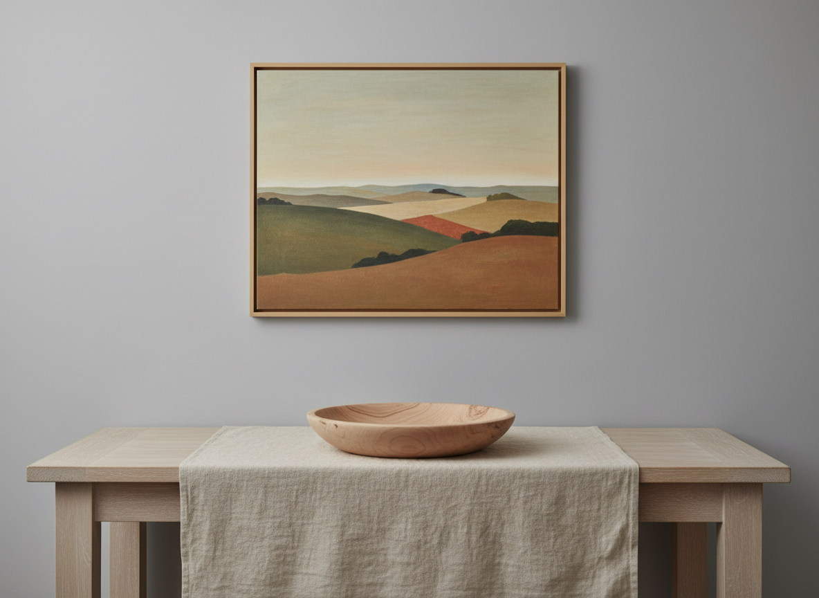 A serene vignette of an artisanally crafted wooden bowl with a smooth, hand-finished surface in pale matte walnut, placed on an uncluttered linen-draped console. Behind the bowl, a subdued landscape painting in soft earth tones hangs on a dove gray wall, adding visual depth without clutter. Soft, ambient gallery lighting gently illuminates the scene, enhancing the natural wood grain and fabric textures with subtle highlights and seamless shadows. The mood is calm and elegantly understated, reflecting refined taste. Photographed at eye level using a centered composition and ample negative space, with an overall minimalist and sophisticated photographic style suited for a high-end home decor gallery.