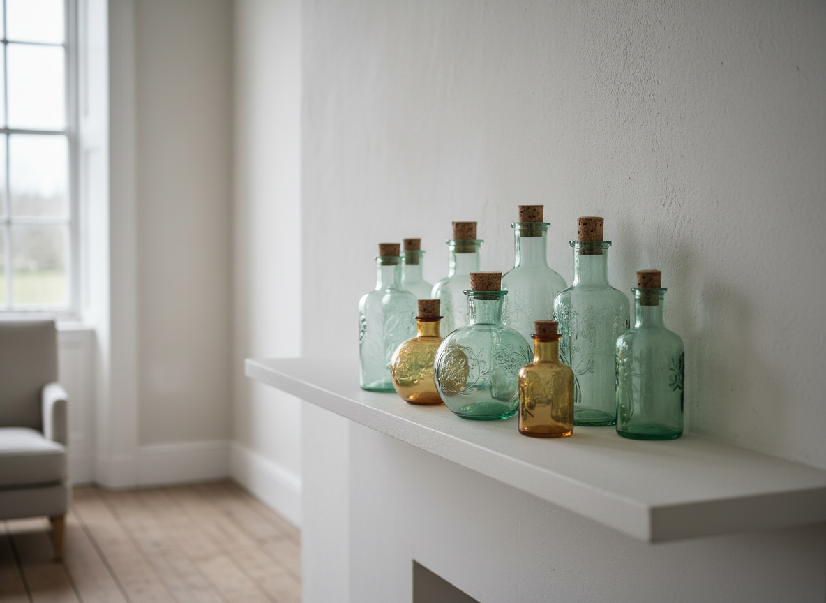 A refined arrangement of vintage glass apothecary bottles in varying pale greens and ambers, each with delicate etched details and cork stoppers, clustered atop a minimalist whitewashed mantlepiece. Muted, overcast daylight filters through a tall, nearby window, casting gentle, diffused illumination and soft shadows on both the bottles and the textured plaster wall behind. The atmosphere is quiet and contemplative, evoking nostalgia with a touch of modern restraint. The composition employs the rule of thirds with selective focus highlighting the bottle group, while background details softly recede. The image embodies photographic realism infused with a subtle, sophisticated ambiance ideal for a discerning home decor store.