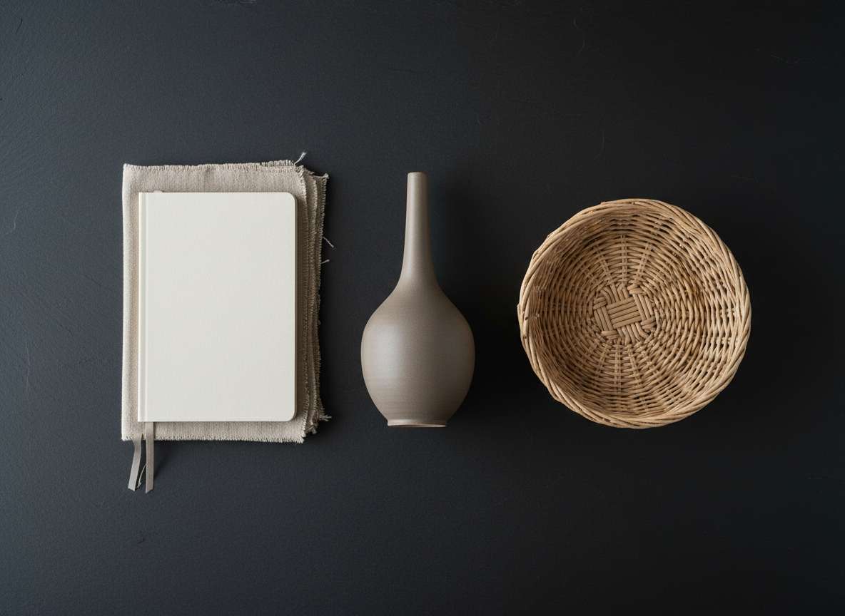 An elegantly styled flat lay of new artisan craft items: a hand-thrown matte ceramic vase with a slender neck in subdued taupe, a natural linen-bound journal, and a finely woven basket in pale, unfinished reed. These pieces are arranged atop a smooth, dark slate surface with a polished finish, their forms spaced artfully to enhance negative space. Overhead soft studio lighting creates barely-there gradients and emphasizes textural subtleties while avoiding harsh contrasts. The tranquil, sophisticated mood is underscored by the harmonious palette and simple geometry. This top-down composition emphasizes clean lines and minimalist balance, offering a compelling, photographic showcase of refined, contemporary home decor.