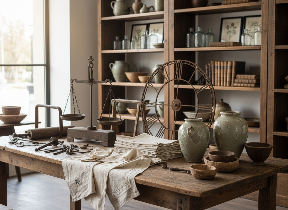 A meticulously arranged collection of primitive antiques and vintage home decor items displayed atop a weathered solid wood table, showcasing muted hues of aged oak, distressed iron, and soft patinas. The scene is set in a refined, softly lit shop interior with shelves in the background arrayed with curated objects. Gentle, diffused natural light from a nearby window bathes the scene, creating subtle gradients and delicate highlights on the various surfaces while gently defined shadows anchor each object. The mood is sophisticated and tranquil, inviting viewers to appreciate the historic beauty of each piece. Captured from a slightly elevated, three-quarter angle with a centered, balanced composition and sharp focus throughout. The image exemplifies photographic realism with a minimalist, elegant aesthetic fitting for an upscale home decor store.