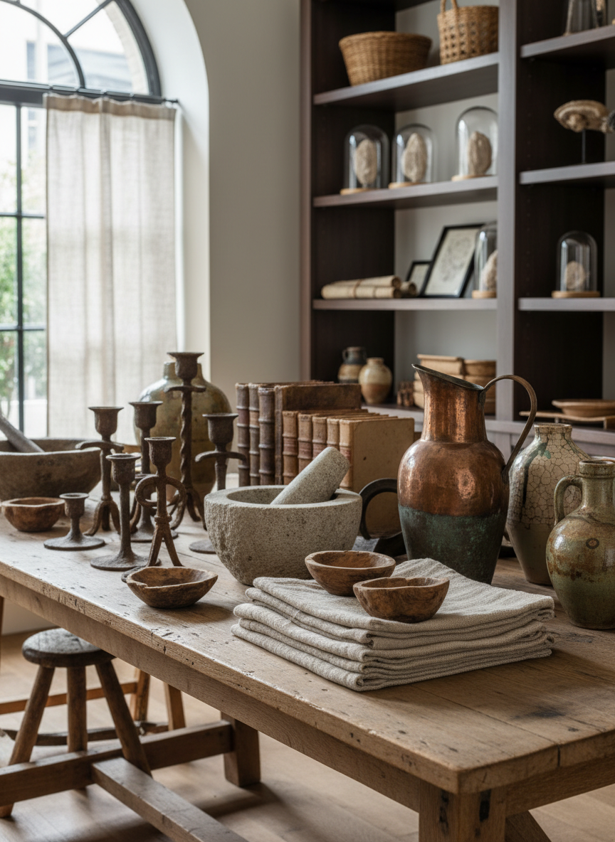 A meticulously arranged collection of primitive antiques and vintage home decor items displayed atop a weathered solid wood table, showcasing muted hues of aged oak, distressed iron, and soft patinas. The scene is set in a refined, softly lit shop interior with shelves in the background arrayed with curated objects. Gentle, diffused natural light from a nearby window bathes the scene, creating subtle gradients and delicate highlights on the various surfaces while gently defined shadows anchor each object. The mood is sophisticated and tranquil, inviting viewers to appreciate the historic beauty of each piece. Captured from a slightly elevated, three-quarter angle with a centered, balanced composition and sharp focus throughout. The image exemplifies photographic realism with a minimalist, elegant aesthetic fitting for an upscale home decor store.